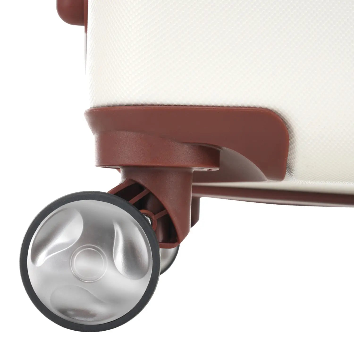 Cream-colored vintage 24 inch hardshell luggage set with tsa lock featuring a brown plastic wheel housing and a clear black-rimmed spinner wheel.