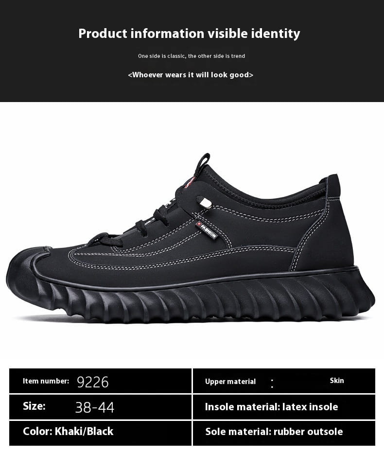 Men’s black leather casual sneaker with a textured chunky rubber sole and contrasting white stitching.