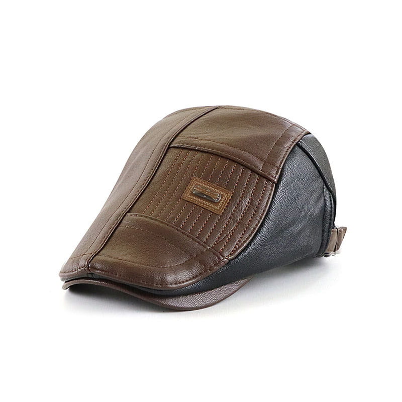 Brown and black pu leather two tone flat cap for men with stitched paneling and small rectangular patch on the front.