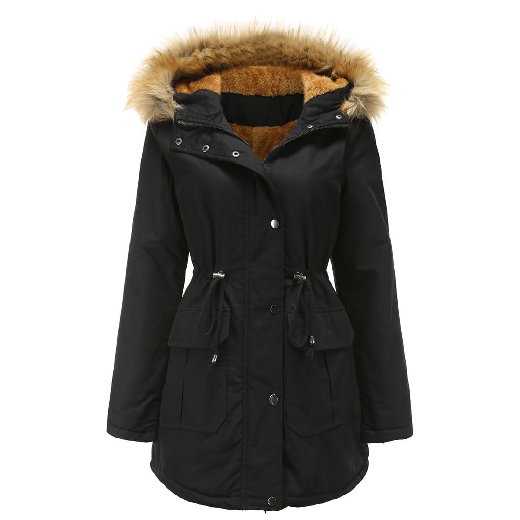 parka de invierno negra con cuello de piel para mujer, con capucha forrada con piel sintética color camel, botones de tono plateado y abrigo de algodón acolchado para uso en climas fríos.
