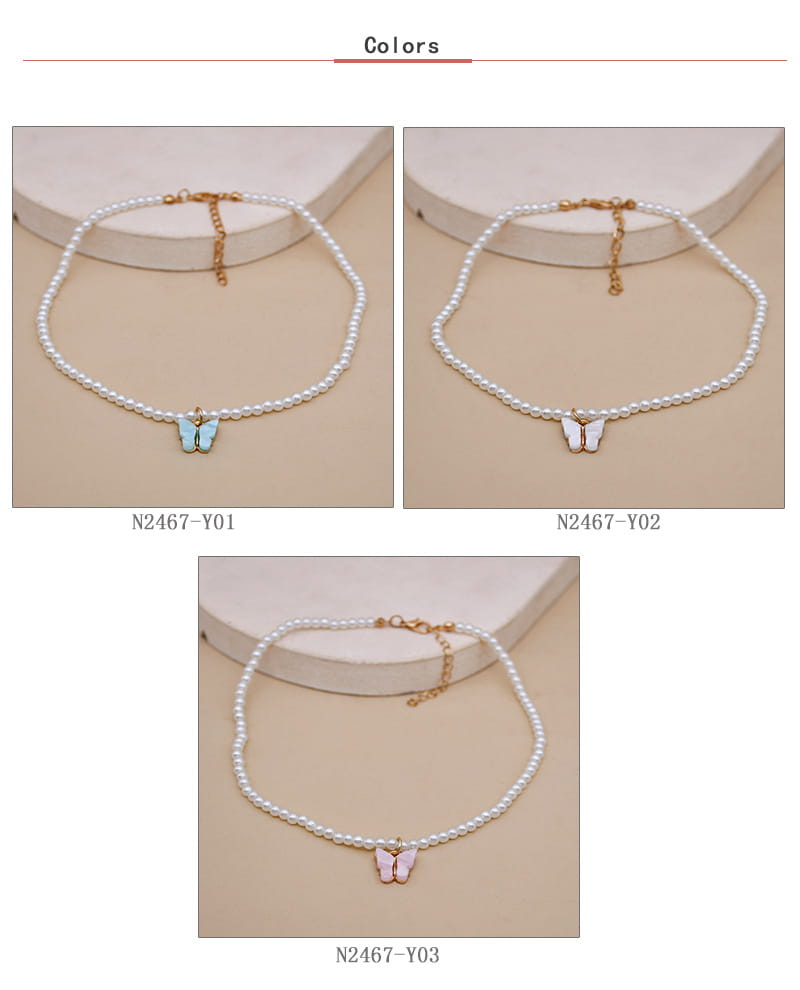 Elegant pearl butterfly charm choker necklace featuring a delicate pearl strand and a small butterfly pendant in pastel blue, white, or pink enamel with gold-tone hardware.