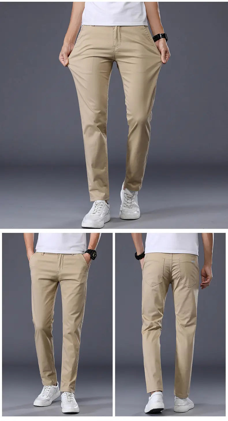 Khaki-farbene Herren-Chinohosen Slim Fit aus elastischer Baumwolle mit geradem Bein, mit lässigem Design und dezenten Nähtdetails.
