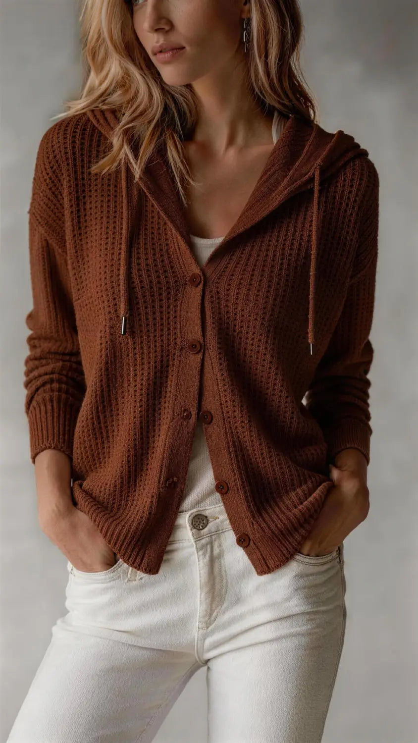 Ein gemütlicher brauner Rippenstrick-Cardigan mit Kapuze, vorderem Knopfverschluss und Kordelzug an der Kapuze, entworfen als Damenpullover mit weitem Schnitt.