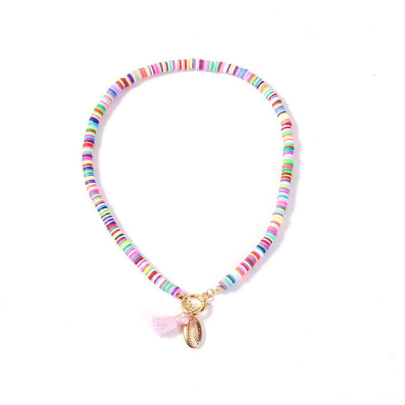 A colorful beaded choker necklace featuring a gold-toned shell pendant and a pink tassel charm in a bohemian rainbow design.