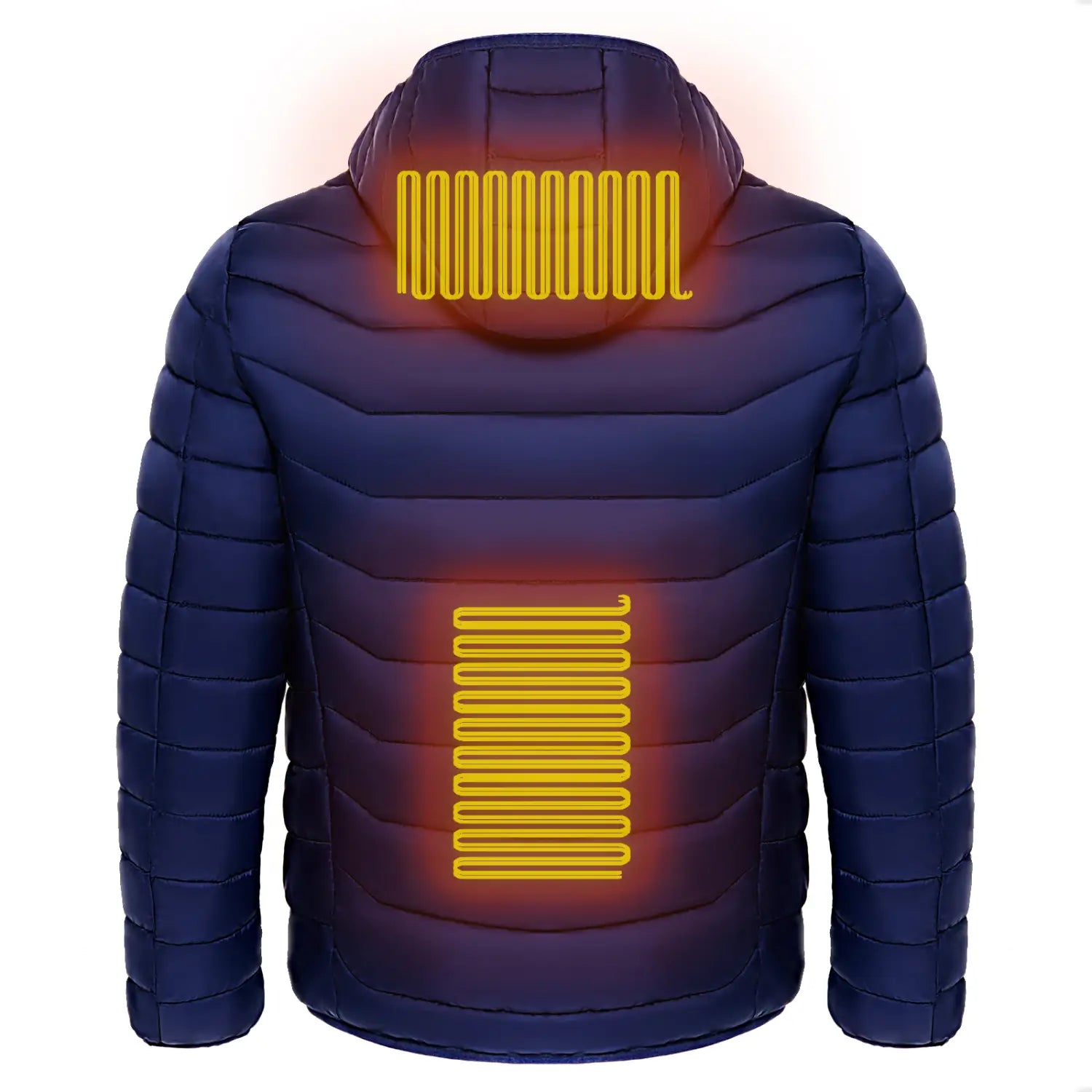 Navy blue quilted nylon unisex 9 zone electric heated hooded puffer jacket shown from the back with glowing orange heating elements along the hood and back.
