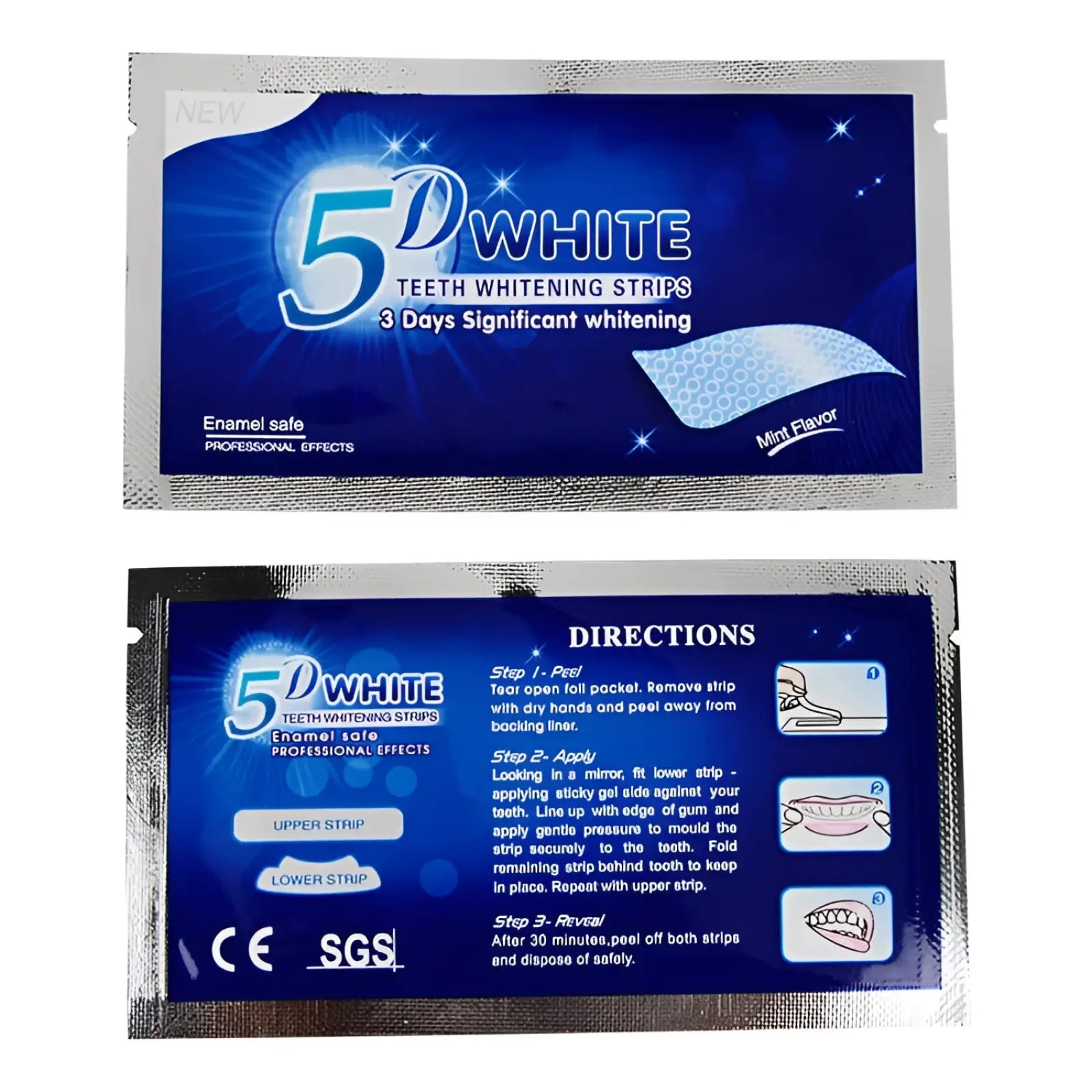 Blue and silver packaged 5d white teeth whitening strips with mint flavor in a 14pc dental care kit shown from front
