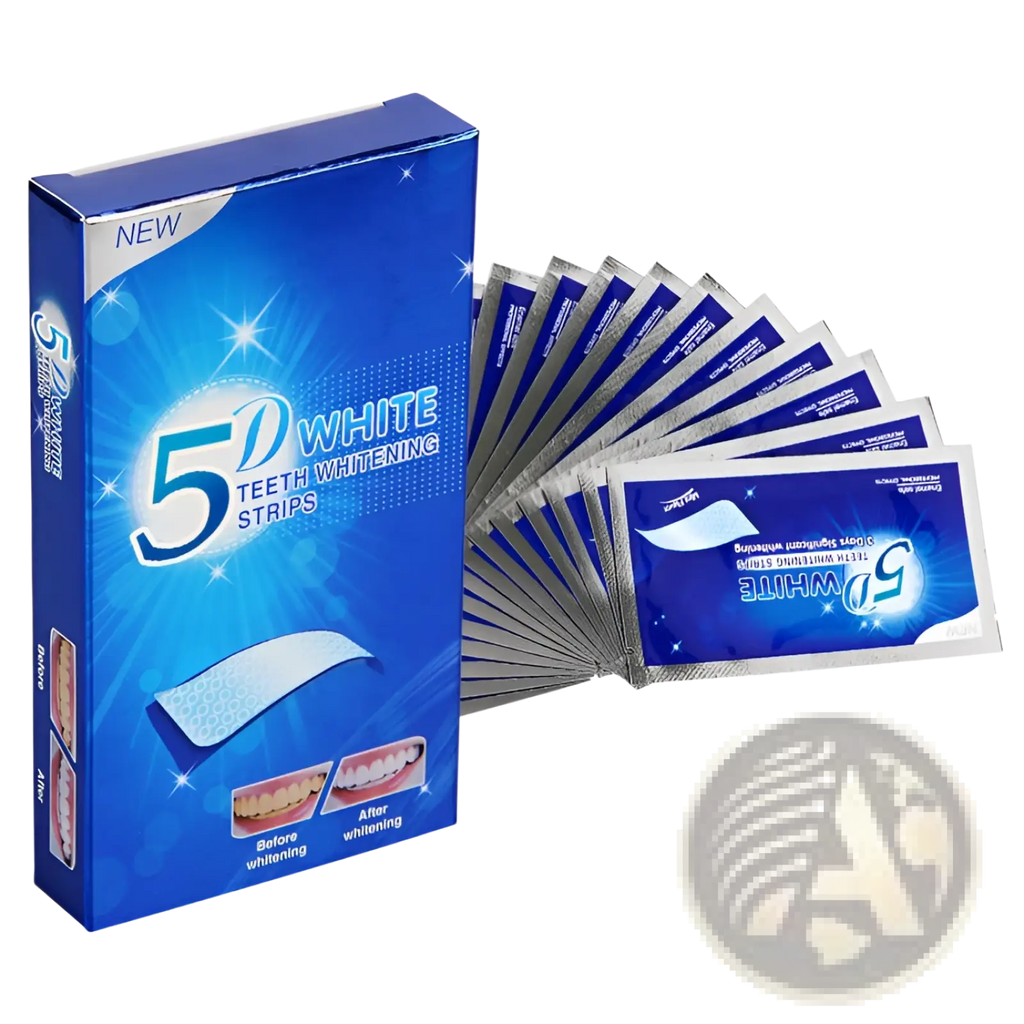 Blue box of 5d white mint teeth whitening strips with silver foil packets displayed for dental care use