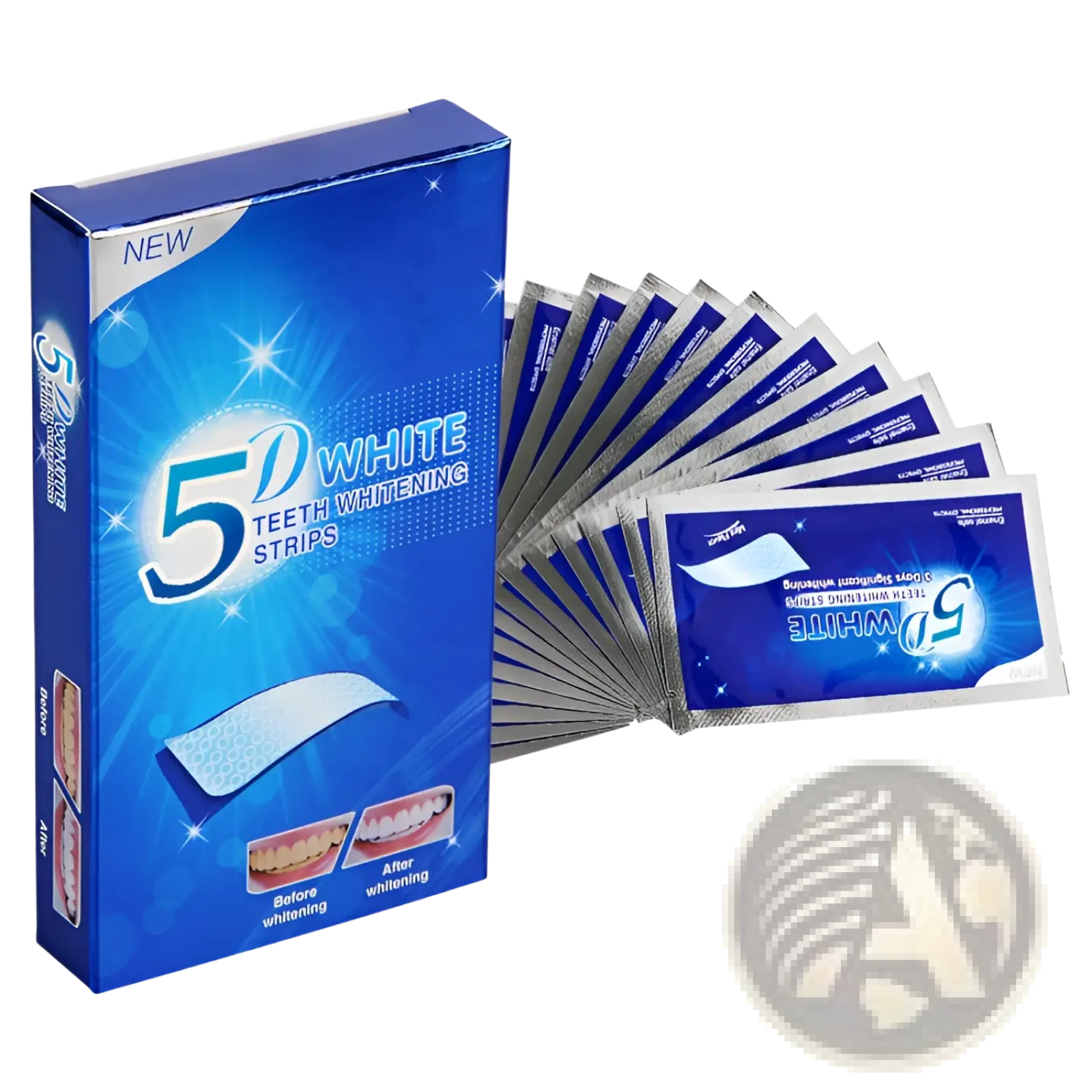 Blue box of 5d white mint teeth whitening strips with silver foil packets displayed for dental care use