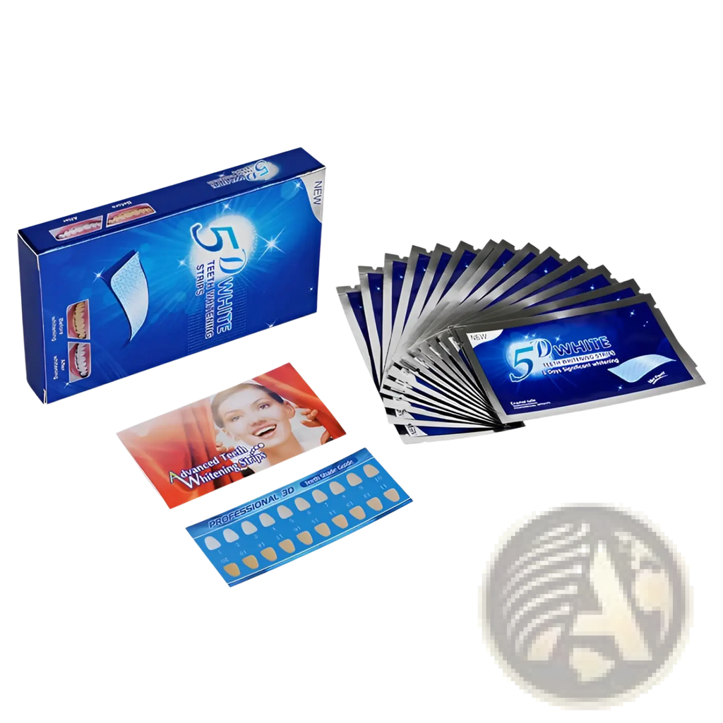 Blue-packaged 5d white teeth whitening strips with silver foil backing and a mint dental care shade guide visible