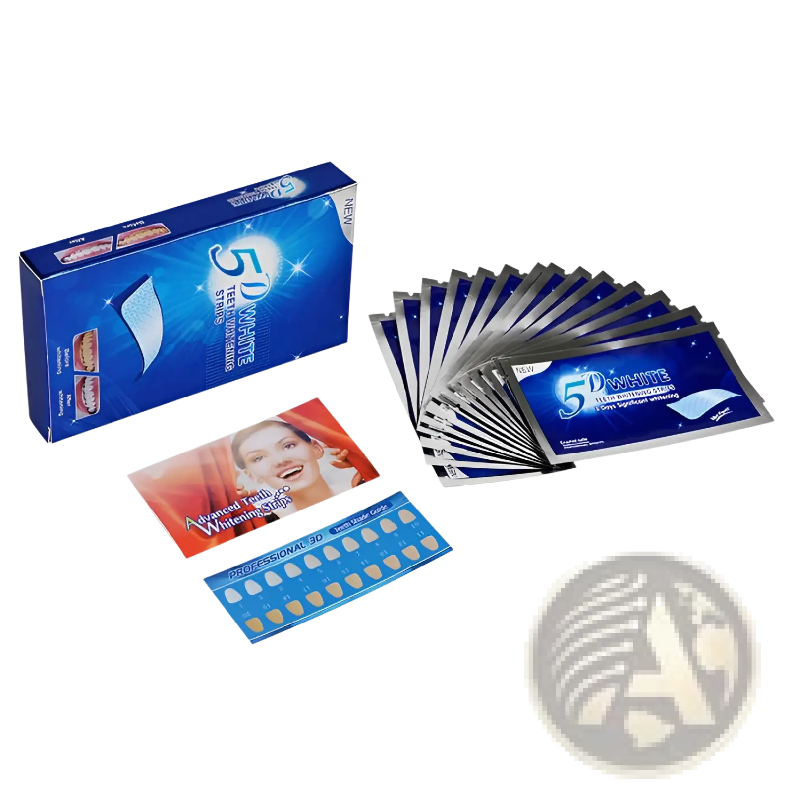 Blue-packaged 5d white teeth whitening strips with silver foil backing and a mint dental care shade guide visible