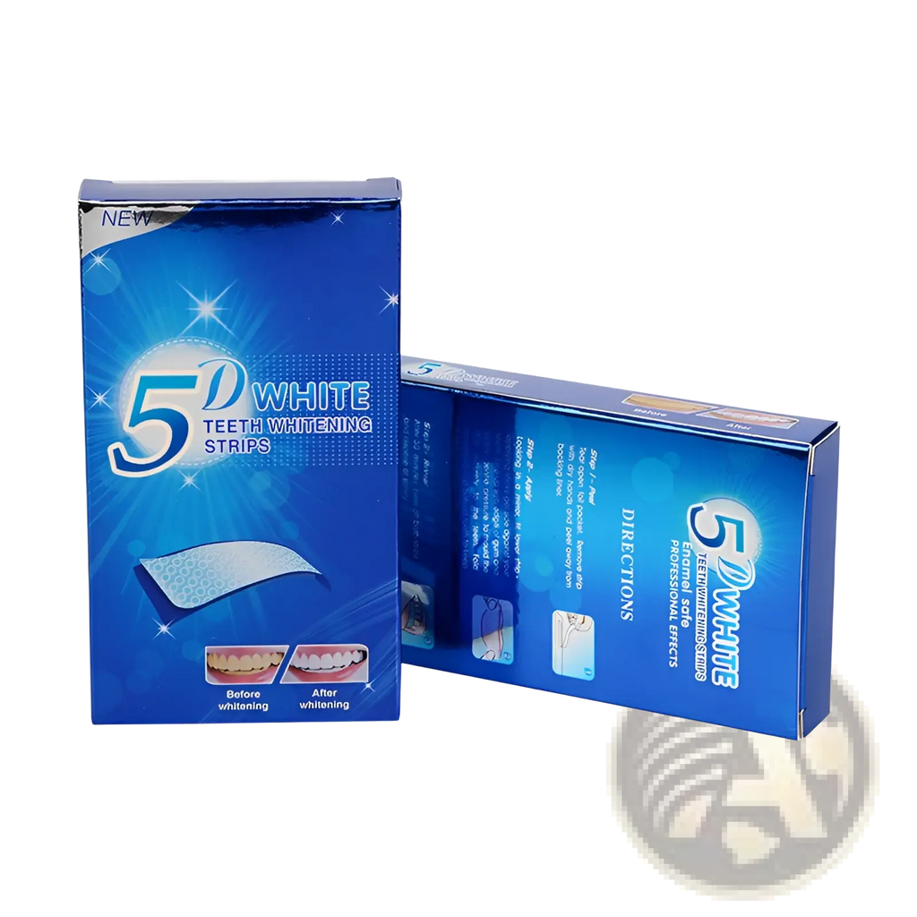 Blue box of 5d teeth whitening strips mint dental care kit 14pc showing packaging for teeth whitening use