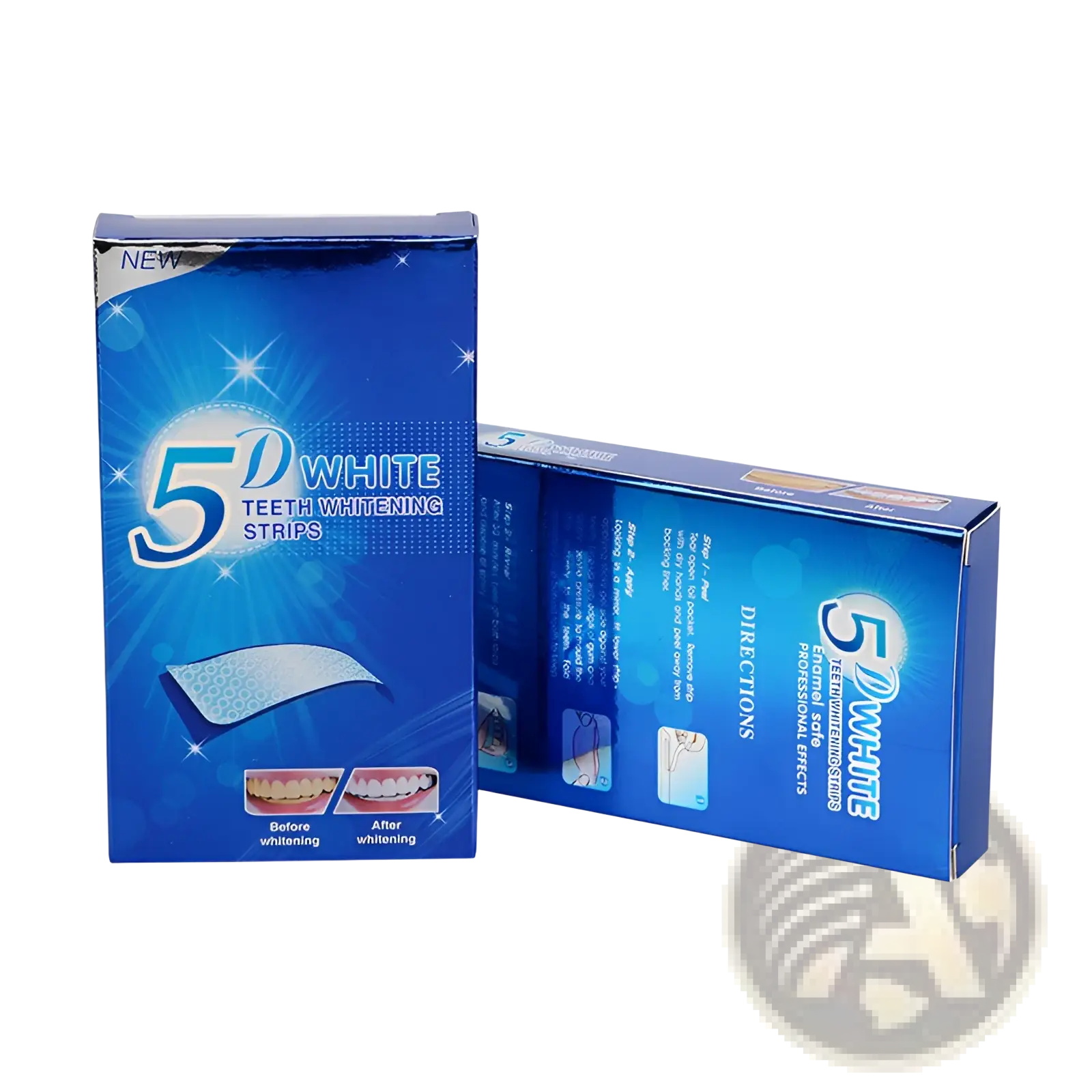 Blue box of 5d teeth whitening strips mint dental care kit 14pc showing packaging for teeth whitening use