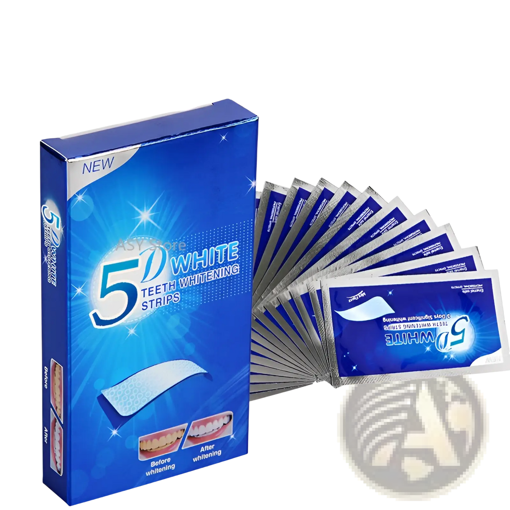 Blue box of 5d white teeth whitening strips with silver foil packets fanned out for mint dental care kit 14pc
