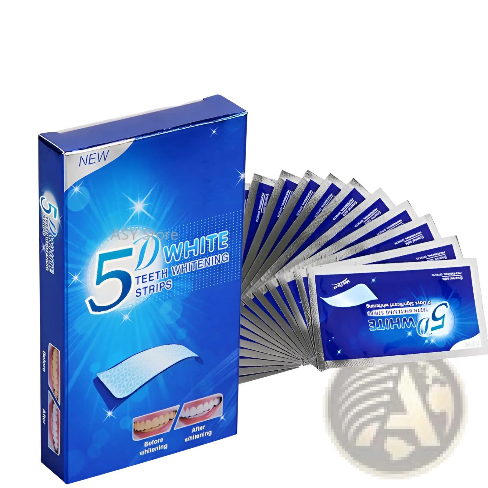 Blue box of 5d white teeth whitening strips with silver foil packets fanned out for mint dental care kit 14pc