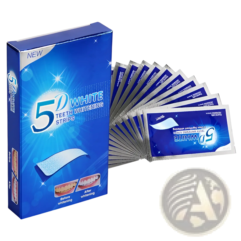 Blue box of 5d white teeth whitening strips with silver foil packets for mint dental care kit 14pc displayed