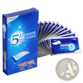 Blue box of 5d white teeth whitening strips with silver foil packets for mint dental care kit 14pc displayed