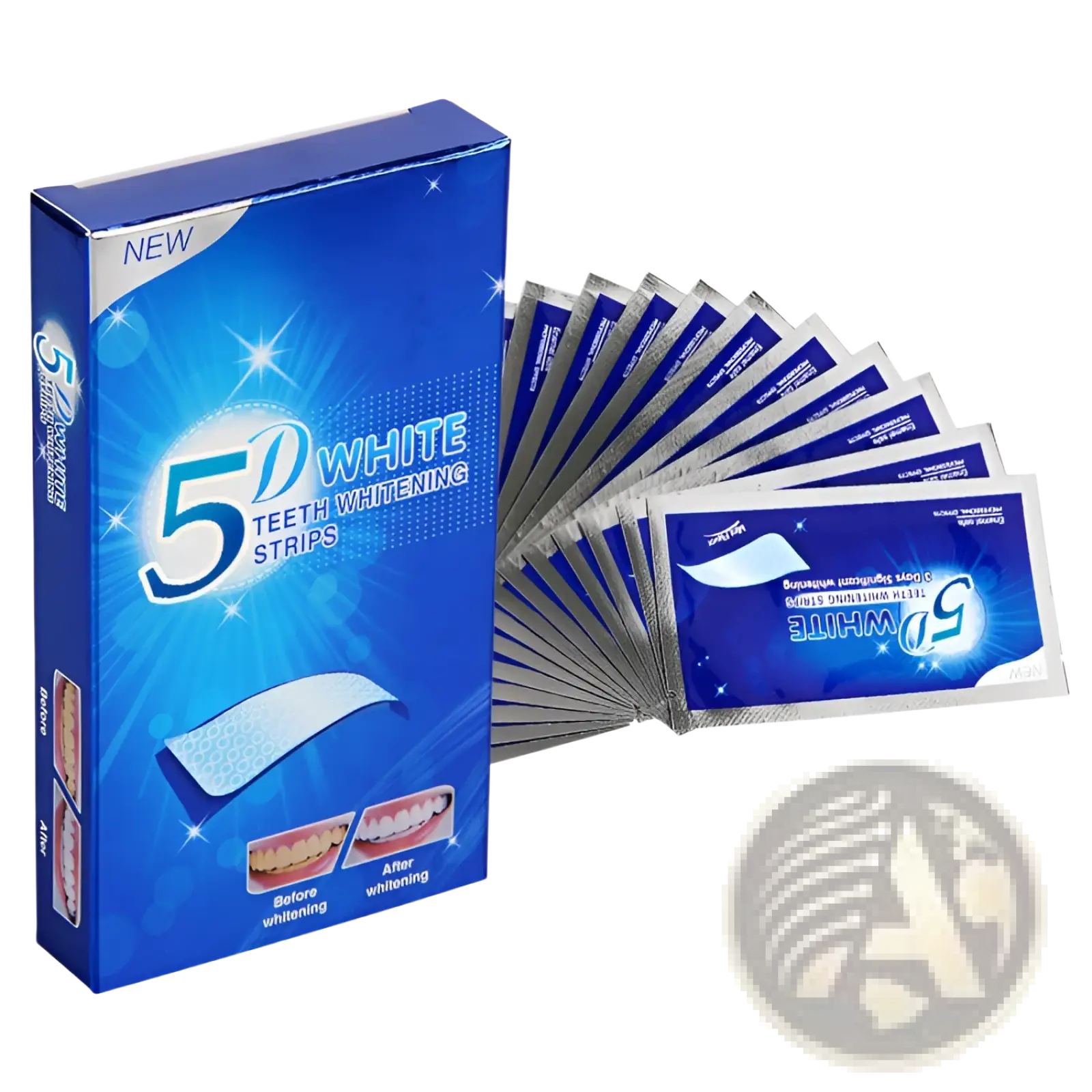 Blue box of 5d white teeth whitening strips with silver foil packets for mint dental care kit 14pc displayed