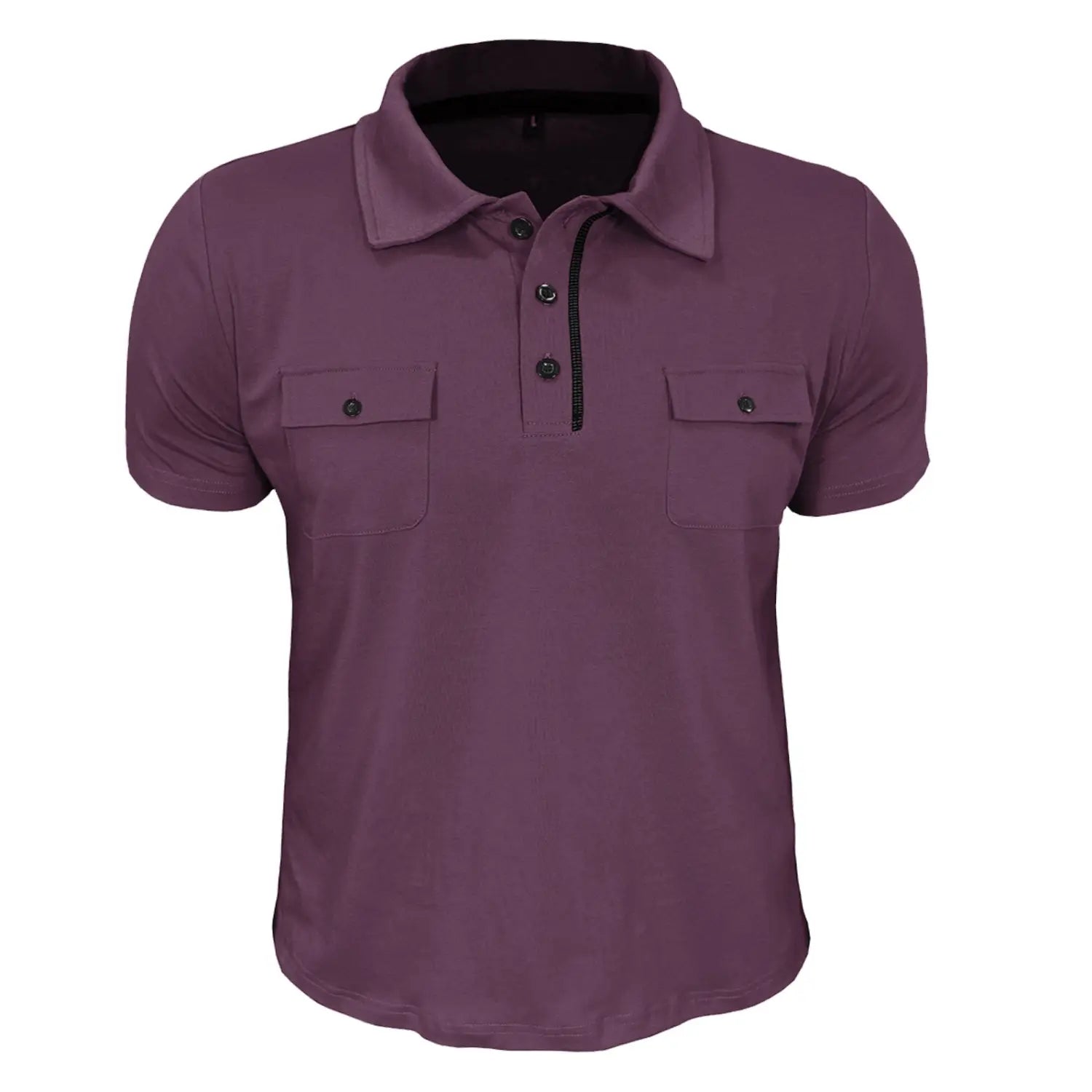 Men’s dual pocket short sleeve cotton blend polo shirt in purple with black buttons and a zipper placket featuring two chest pockets.