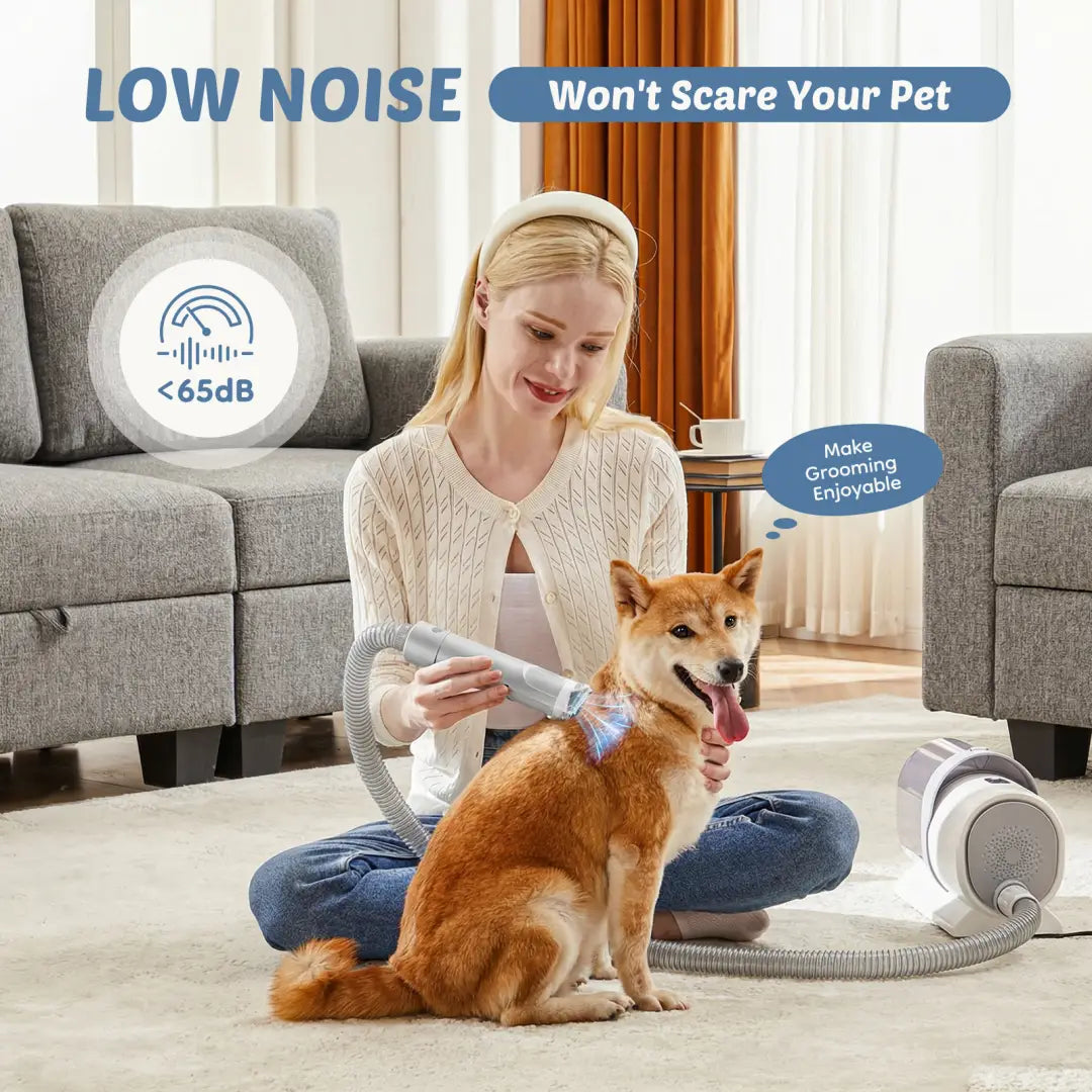 Silver and white cordless pet grooming vacuum clippers 2.5l kit with a flexible hose and ergonomic handle designed for gentle hair removal