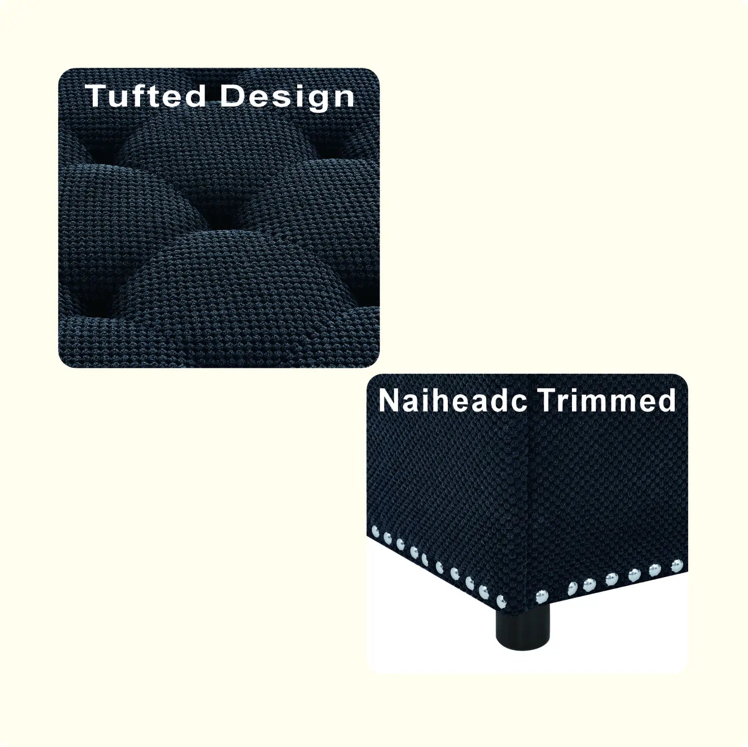 Black tufted storage ottoman with nailhead trim showcasing a stylish and functional design.