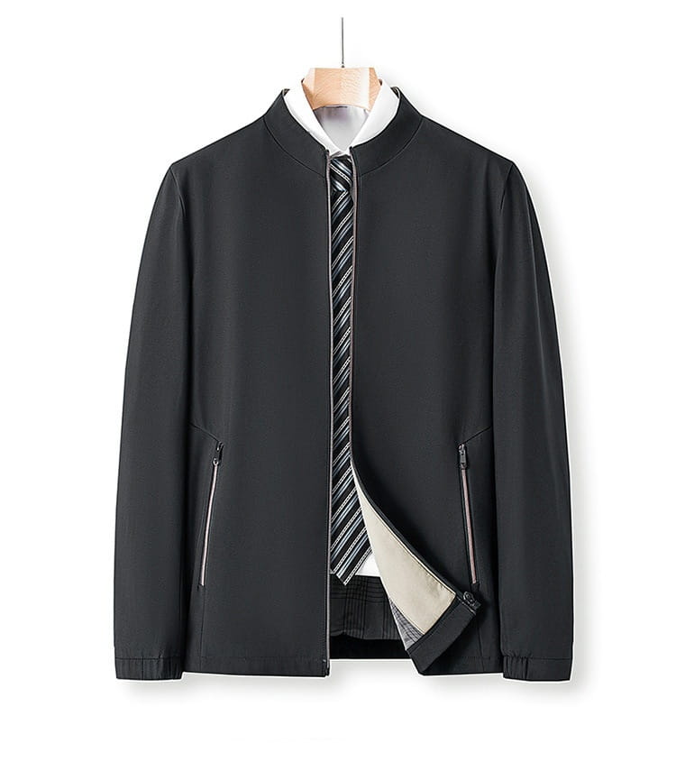 Men casual polo bomber jacket in black with a white collar, zippered side pockets, and a striped tie visible underneath.