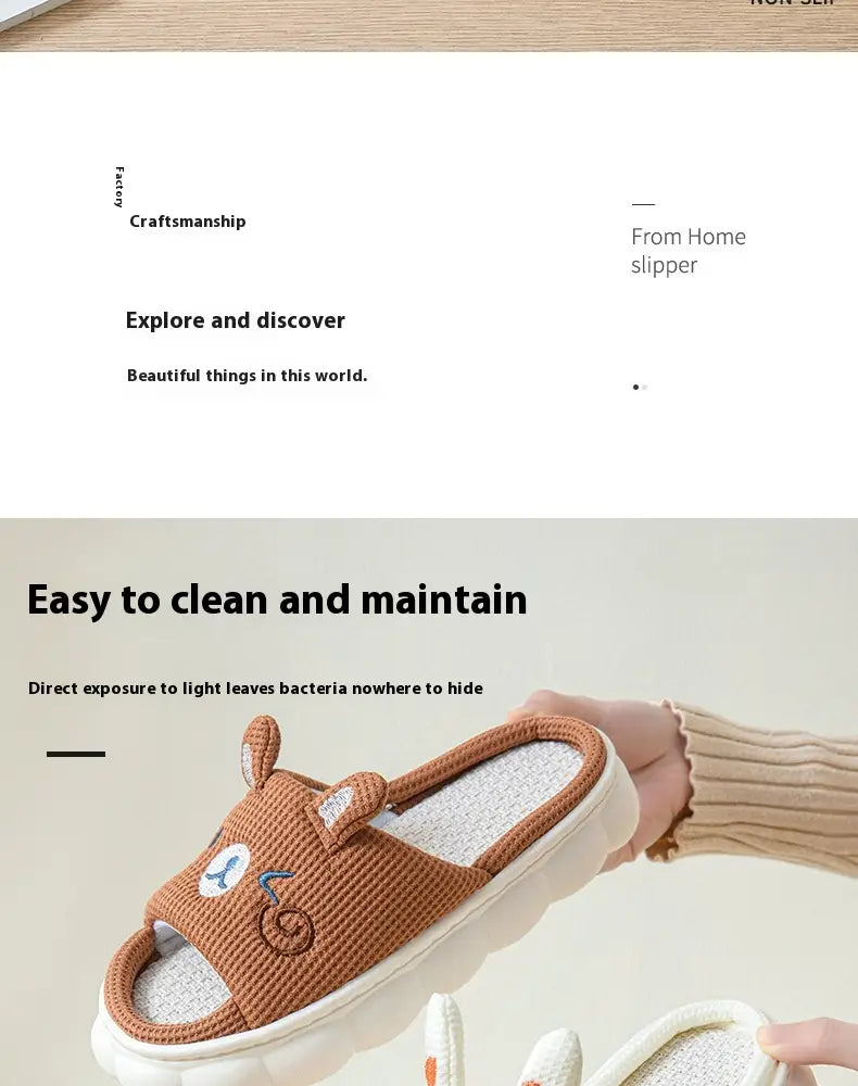 Brown corduroy cartoon animal embroidered open toe linen slippers featuring a cat face design and a white rubber sole.