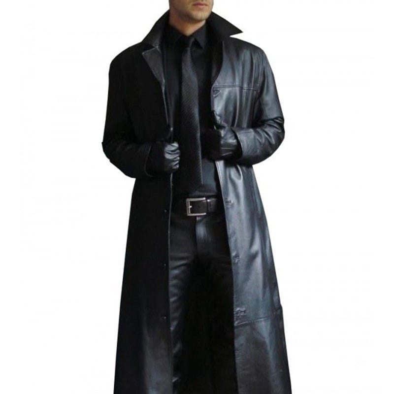 Men slim leather trench coat in black featuring a classic collar and buttoned front made from leather.