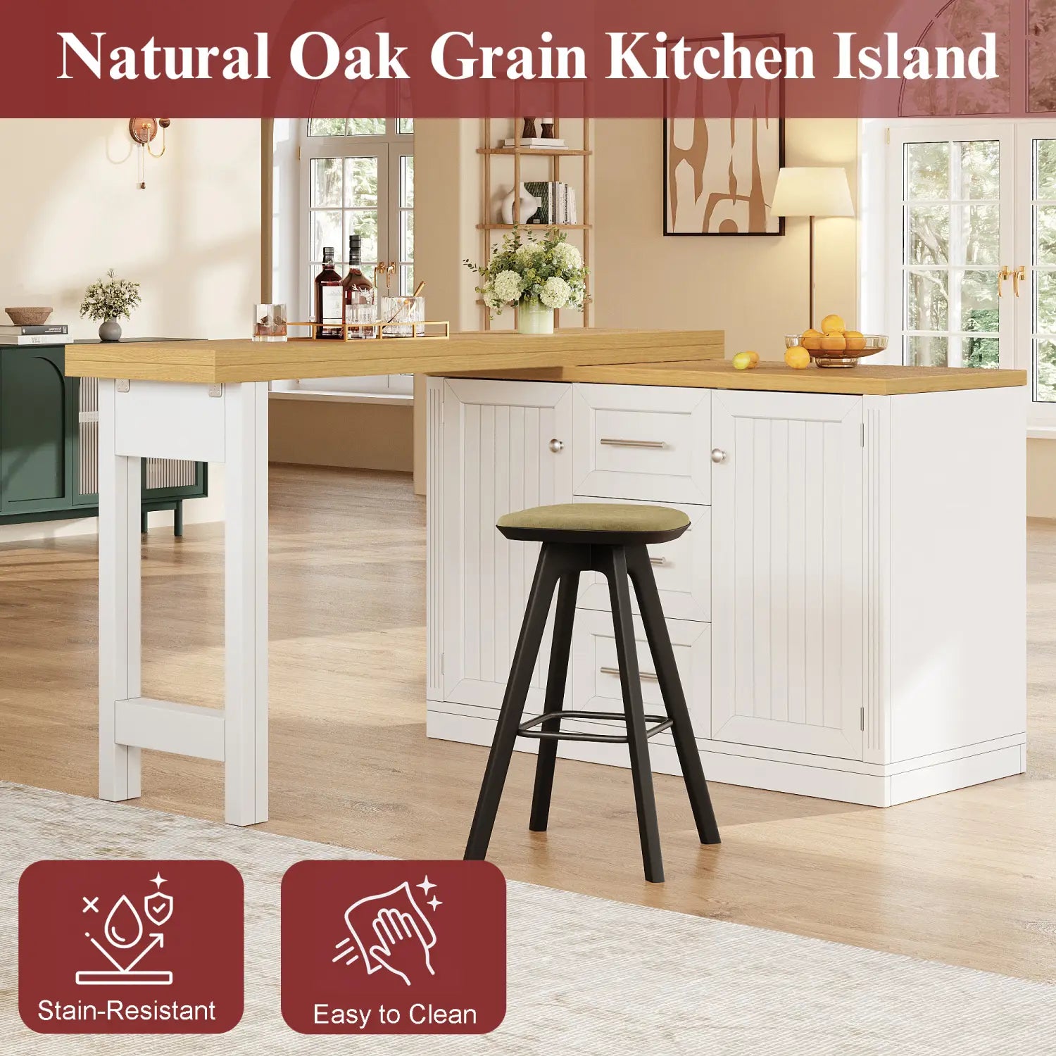 Extendable kitchen island dining table with storage featuring natural oak grain kitchen island with white painted cabinetry and a light wood countertop.