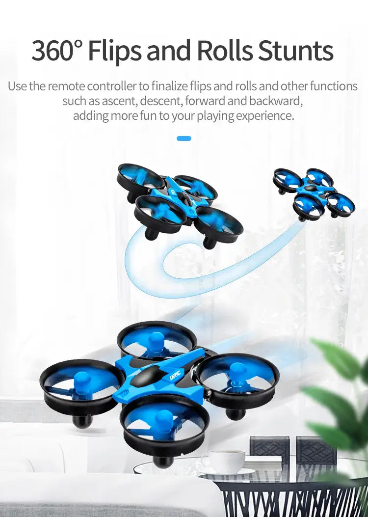 Dron planeador volador RC 3 en 1 de color azul y negro, con hélices transparentes azules, diseñado para uso en tierra, agua y aire.