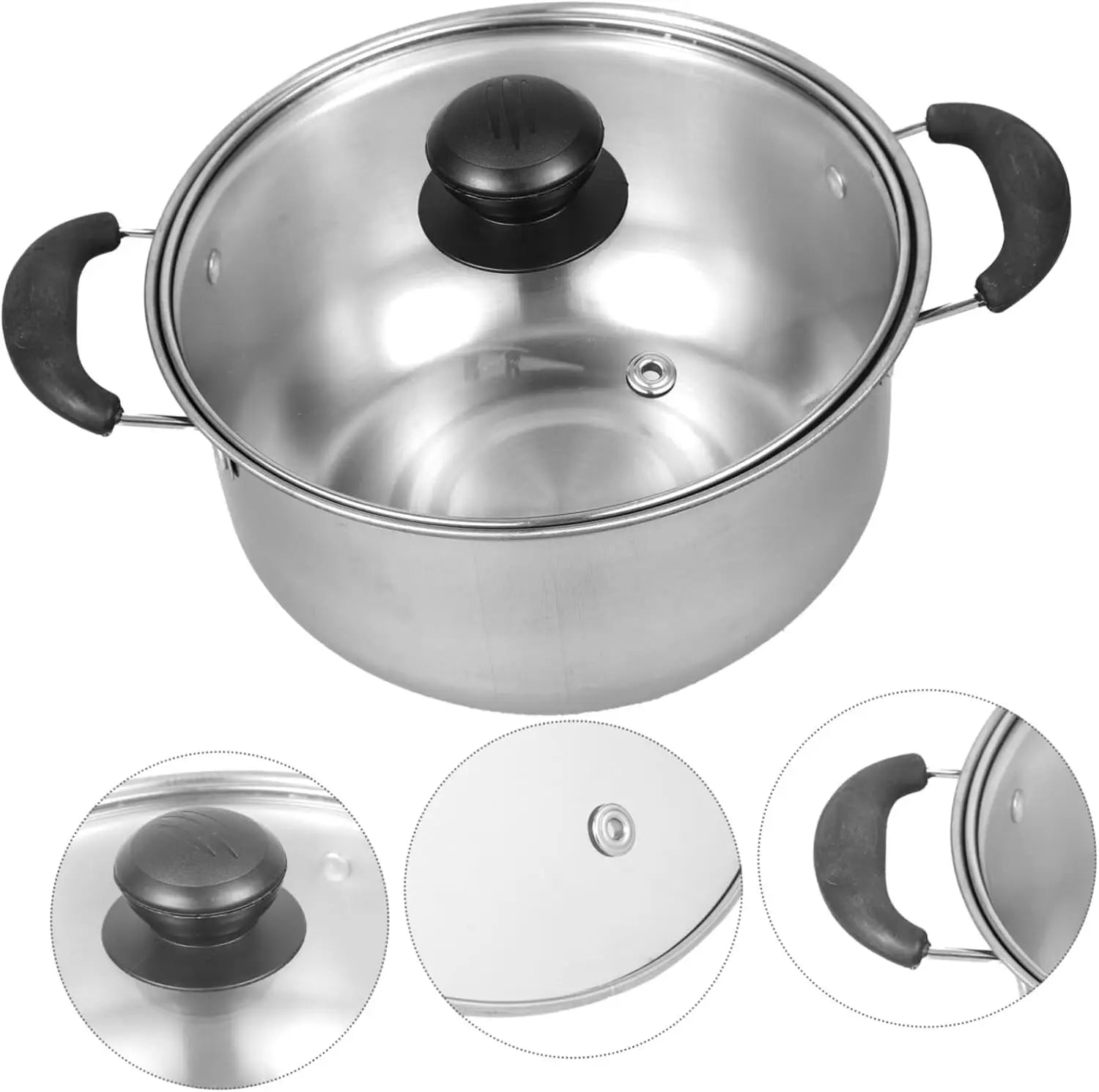 Stainless steel induction cookware pot with black plastic handles and a clear glass lid with black knob from a 5 piece set.