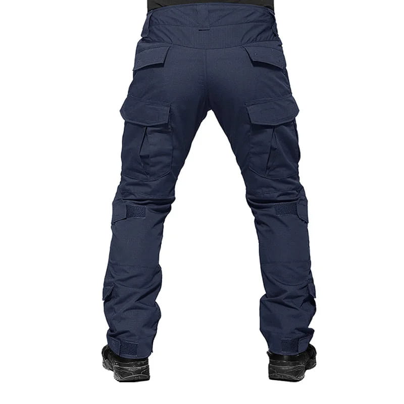 dark navy blue tactical camouflage cargo pants for men featuring multiple pockets and reinforced stitching for durability and utility.