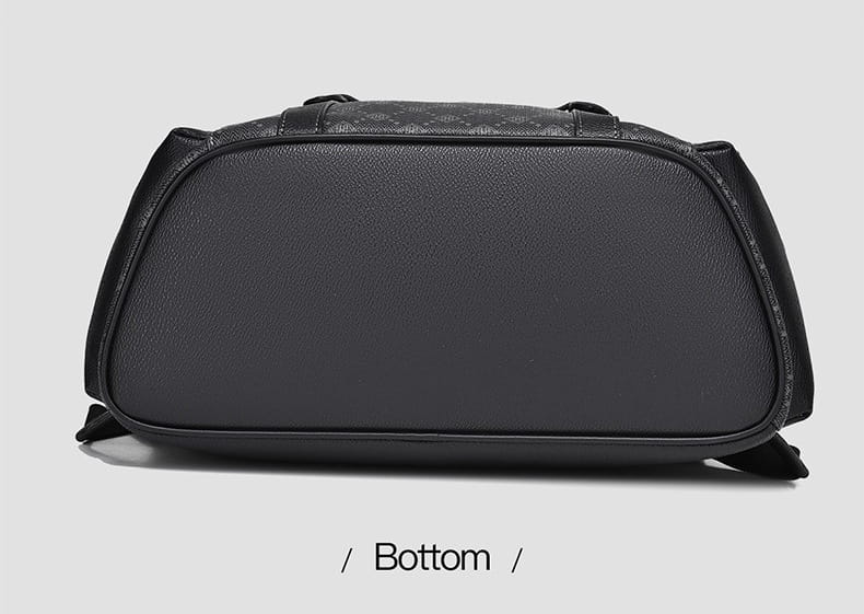 Black leather men’s business travel backpack with laptop sleeve and subtle monogram pattern on the top flap.