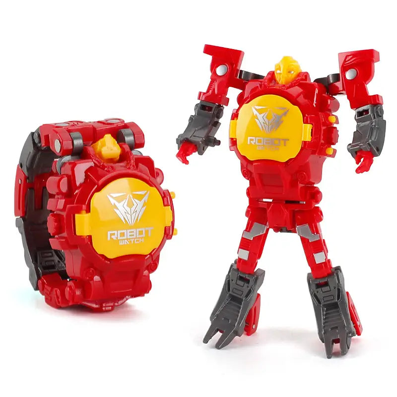 reloj que se transforma en robot rojo y amarillo con detalles negros, con el logotipo de robot de invierno en el pecho de la colección Deformation Robot Watch Kids Transforming Toy 2 en 1.