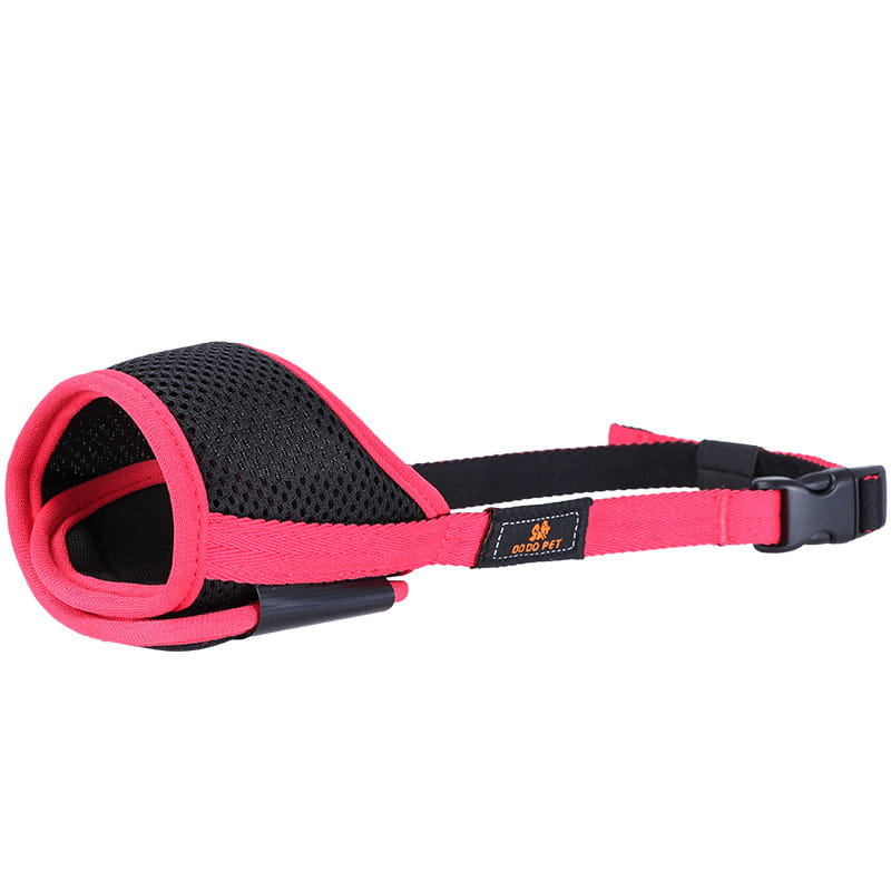 Pink and black mesh dog muzzle with adjustable strap and buckle designed for large dogs.