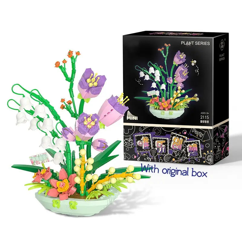 Une série de bouquets de plantes en lego colorés comportant des fleurs violettes et roses, des tiges et des feuilles vertes, présentée dans un pot d’un vert menthe clair provenant du jeu de blocs de construction « Bouquet floral violet ».