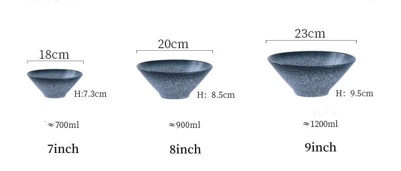 Three ceramic ramen bowls in varying sizes with a speckled black blue finish designed for kitchenware use labeled by diameter and capacity.