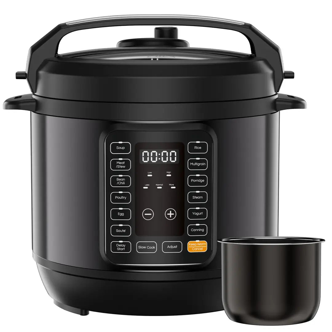 Black electric pressure cooker digital multi cooker with sleek modern design and multiple cooking function buttons for 6qt and 8qt capacity.
