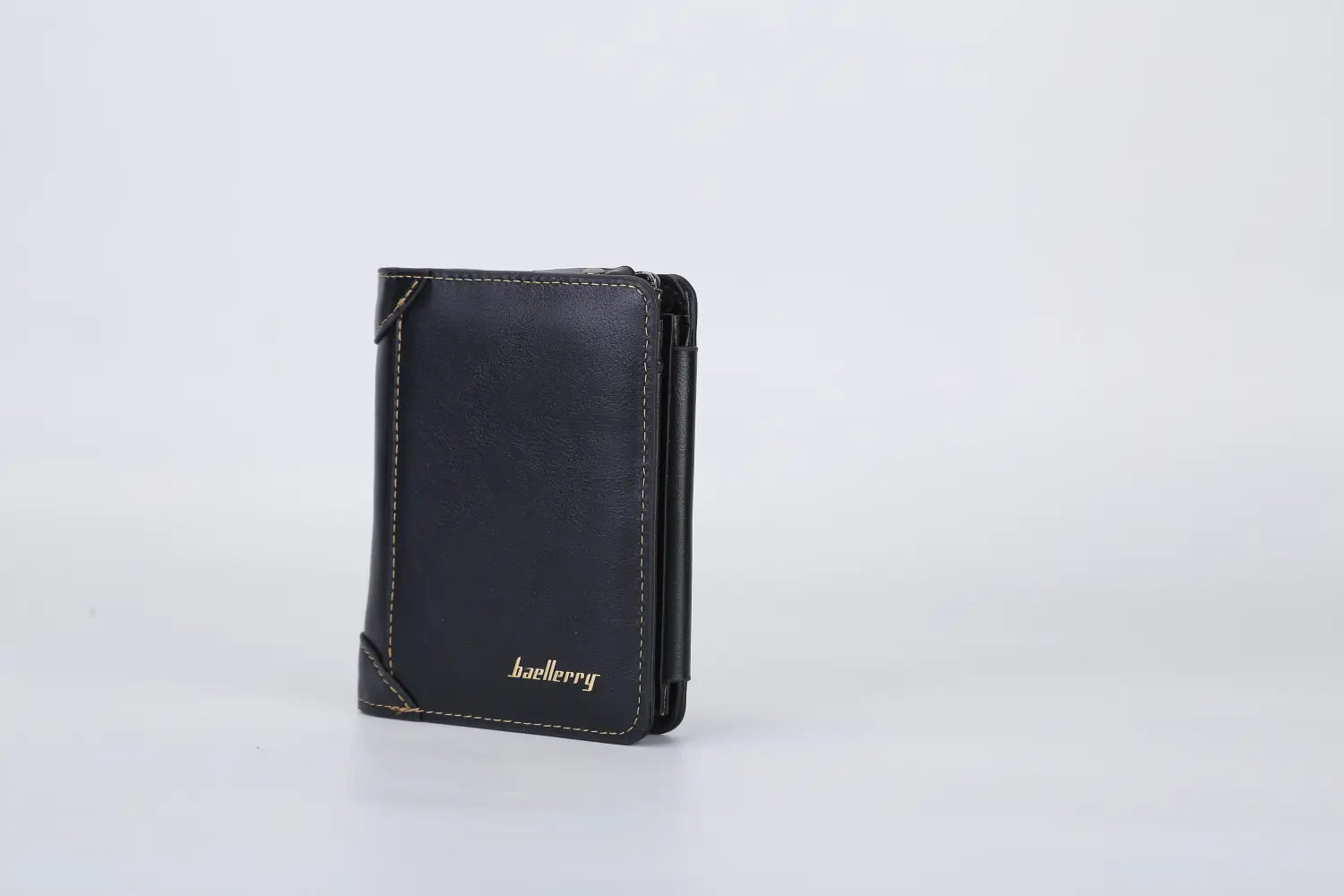 Black leather baellerry men’s trifold pu leather zipper wallet with gold stitching and subtle embossed logo featuring 14 card slots.