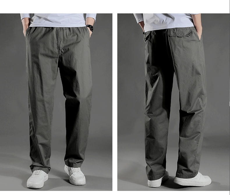 Men’s Japanese style cotton workwear pants in dark olive green with a relaxed fit elastic waistband and side pockets.