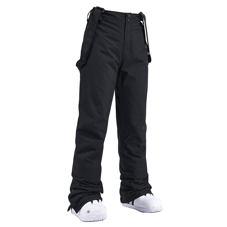 Men waterproof thermal snow pants in black with adjustable suspenders and sleek durable fabric design.