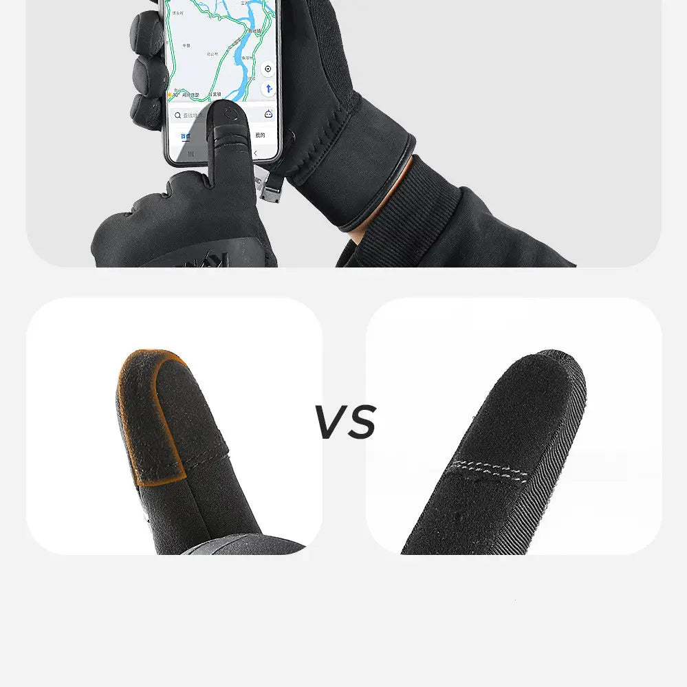 Black waterproof touchscreen ski gloves with reinforced fingertips for precise phone interaction