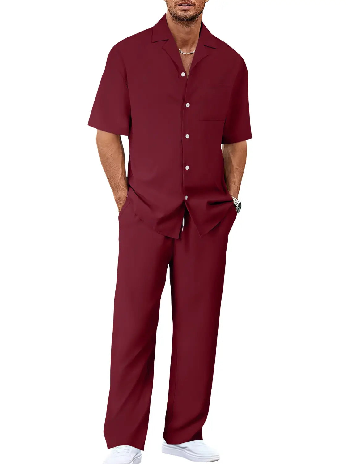 men short sleeve casual suit set with maroon short-sleeved button-up shirt and matching trousers made from comfortable fabric for everyday wear