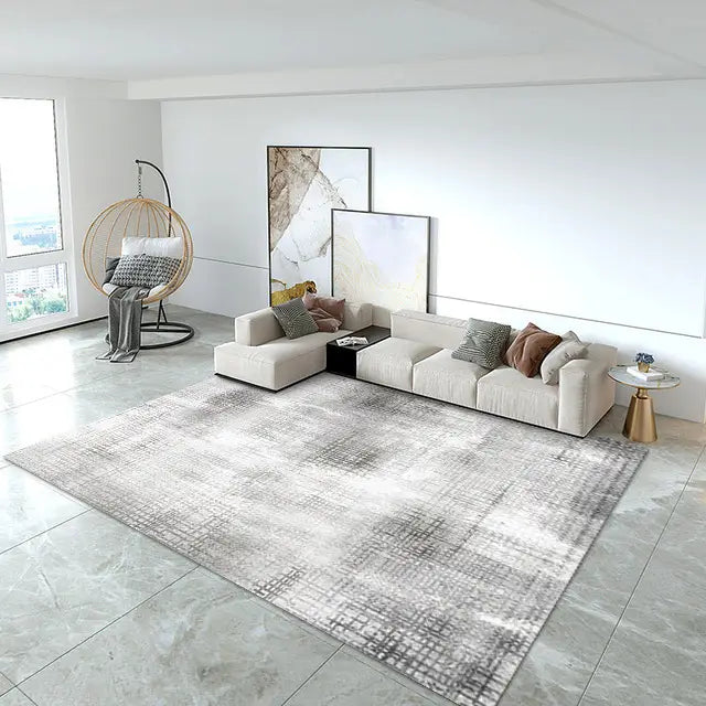moderner abstrakter Kristall-Velours-Wohnzimmerteppich mit einem modernen grauen und weißen strukturierten Design und einem dezenten Rastermuster.