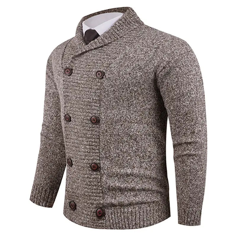 Men’s double-breasted gray heathered knit cardigan with a stand-up collar and dark brown buttons.