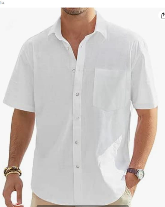 Herren-Cotton-Linen-Hemd mit kurzem Ärmel in weißer Ausführung, mit klassischem Kragen, Brusttasche und Knopfleiste vorne.