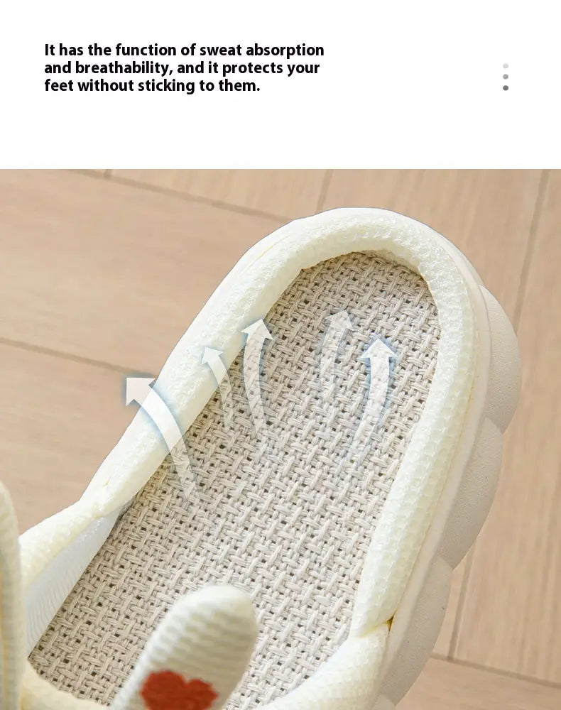 cartoon animal embroidered open toe linen slippers featuring a white plush-lined insole with breathable woven mesh texture for comfort and moisture-wicking.
