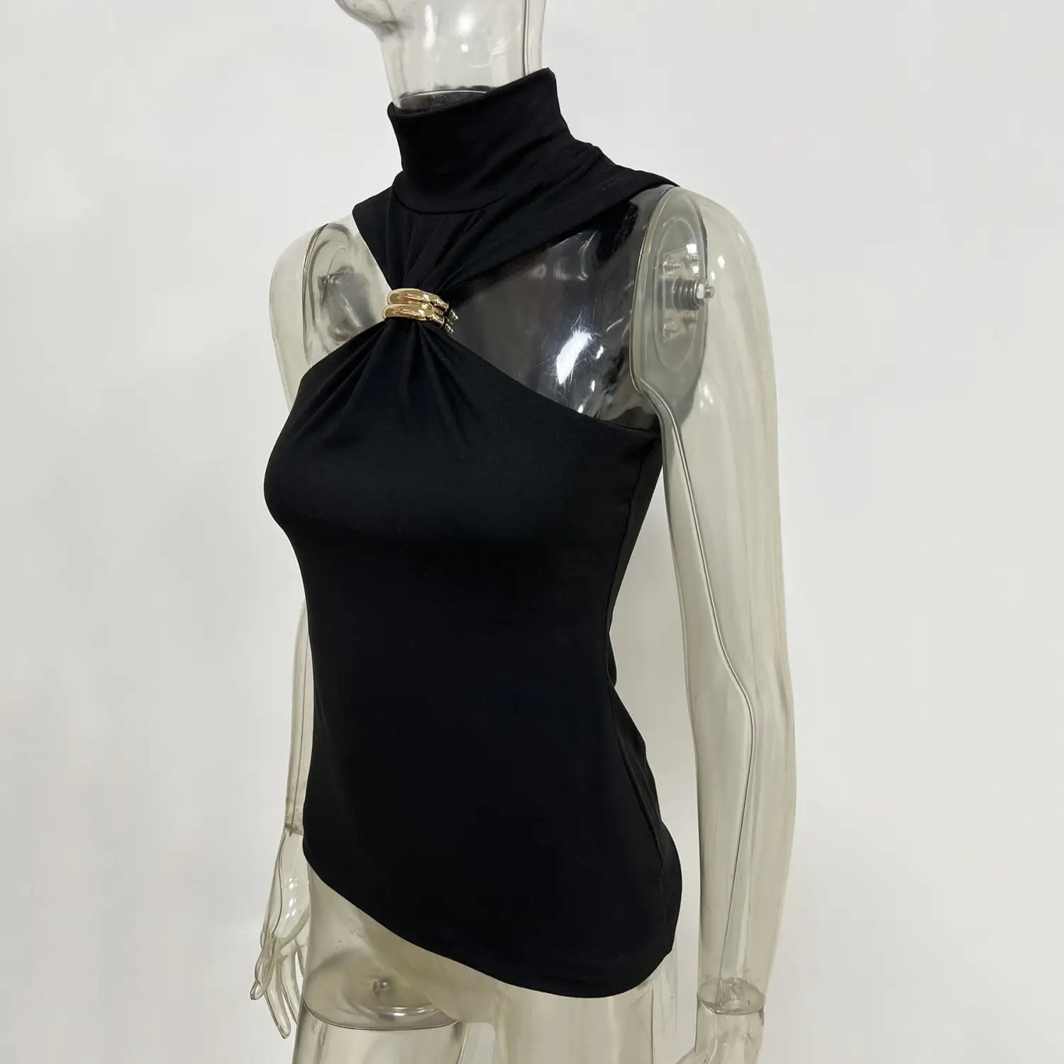 Black one-shoulder high-neck stretch top with a gold-toned clasp detail called gold ring halter stretch top.