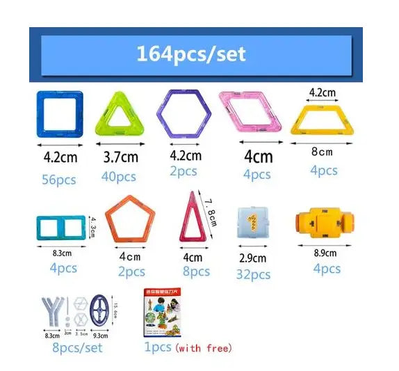 Un ensemble de 164 pièces de blocs de construction magnétiques colorés, de formes et de tailles variées, conçu comme un jouet éducatif destiné à la construction créative et à l’apprentissage.