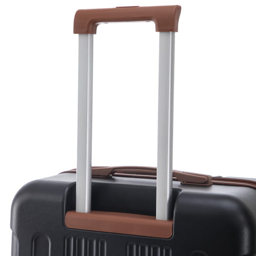 Black hard-shell 3 piece abs spinner luggage set with brown leather handle and silver telescoping pull-up handles featuring TSA lock.