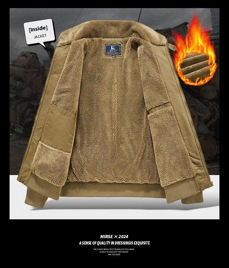 Men cotton shearling bomber jacket in tan corduroy with plush beige fleece interior and classic collar designed for winter wear.